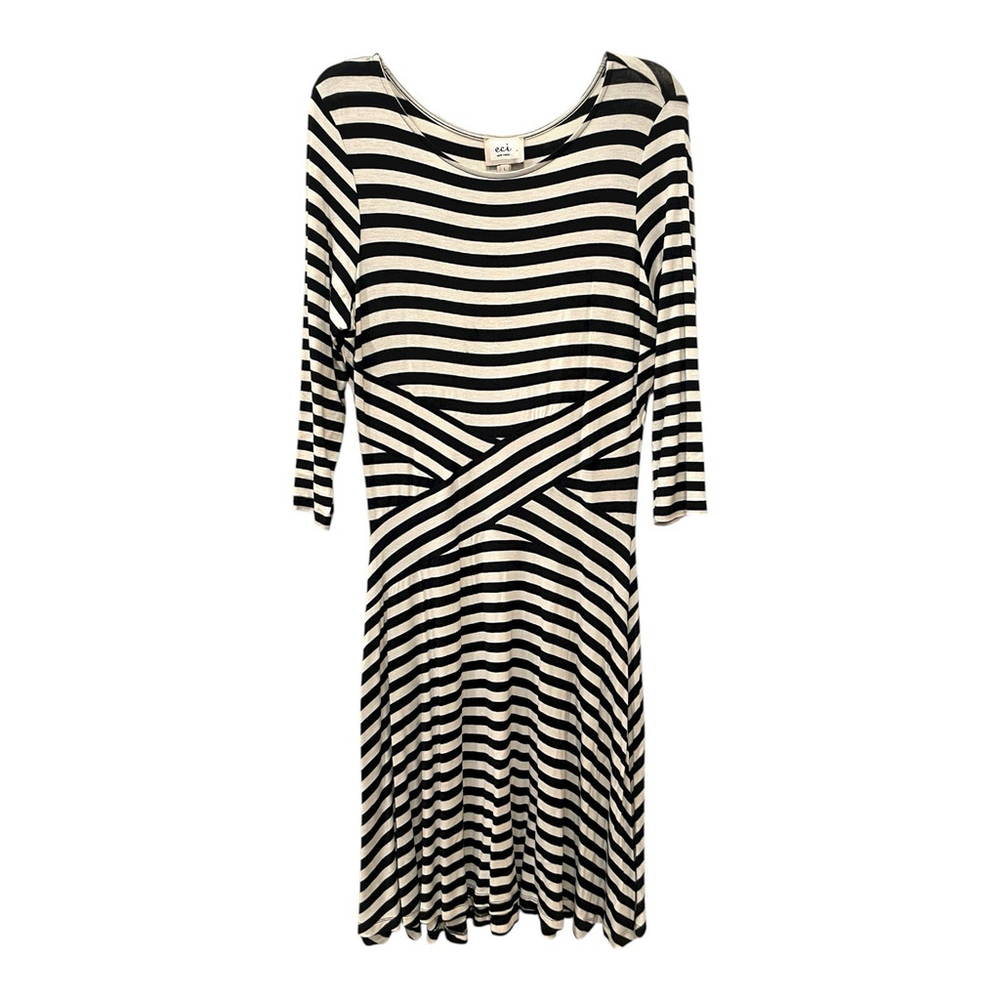 Eci New York Women Size Large Striped Dress Fit & Flare Stretch Knit Black White